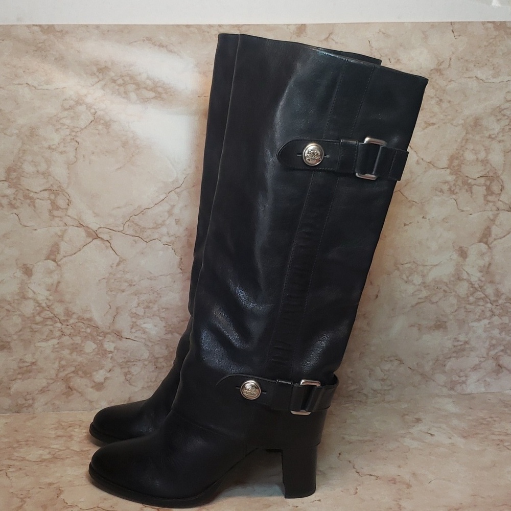 Coach Black Leather High Heel Pull On Women's Knee Length Boots Size 7 - Picture 6 of 9